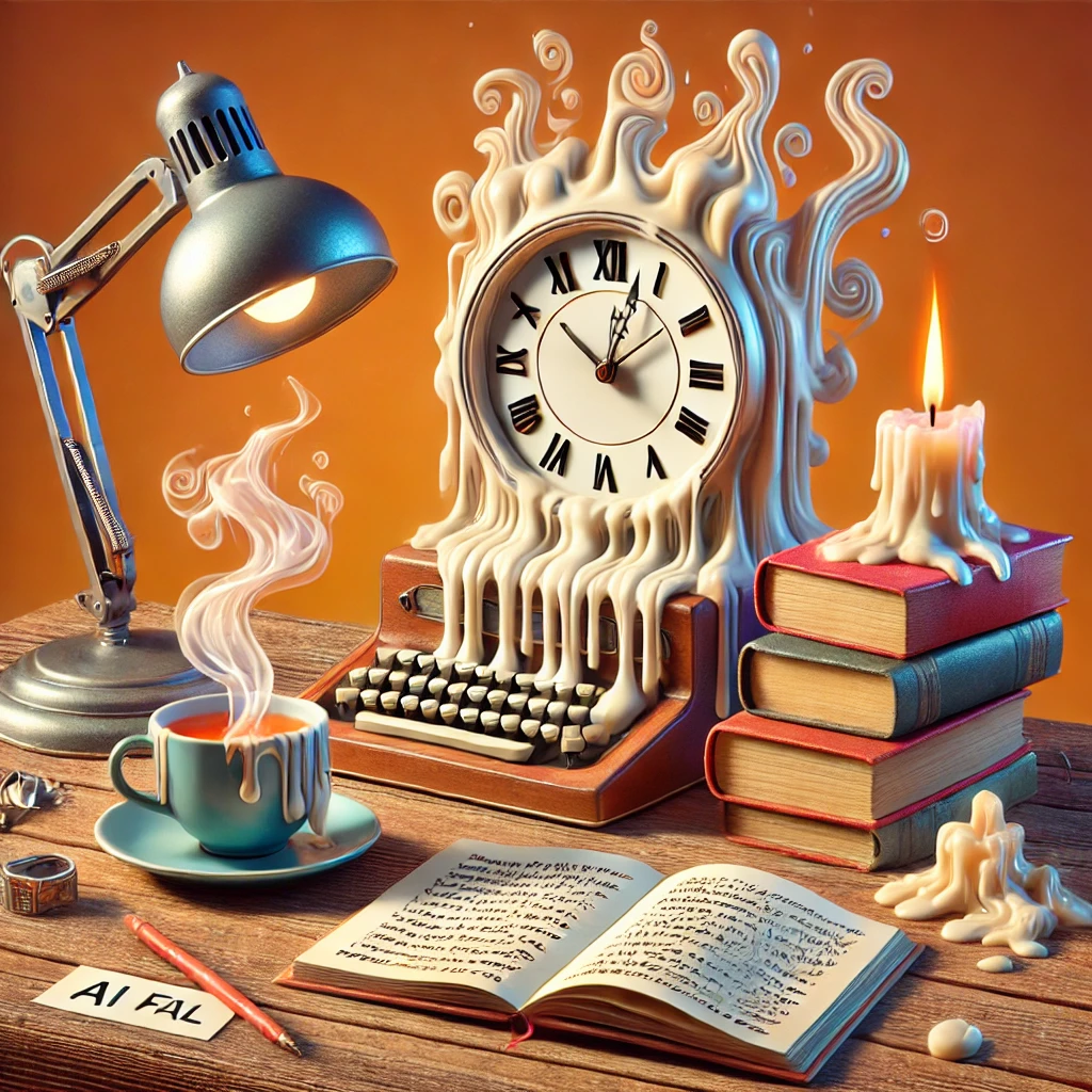 Surrealistische Bild eines Schreibtisches mit Uhr, Schreibmaschine, Lampe Notizbuch, Büchern, Kerzen, Teetasse und einem Notizbuch, welches durch die KI unlogisch zusammengestellt wurde.