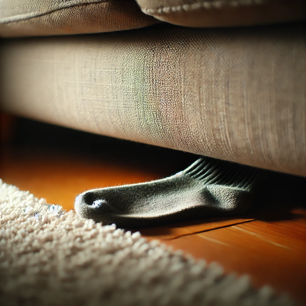 Unter einem Sofa lugt eine einzelne Socke hervor. 