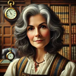 Ein Portrait von Fiona Lenvain, einer Dame mit ergrauendem, mittellangem Haar. Sie sitzt vor einer Bücherwand.