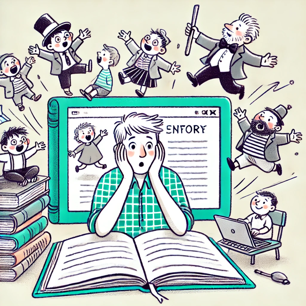 Ein Autor sitzt hilflos über sein Buch gebeugt, um ihn herum machen viele Figuren, was sie wollten. 