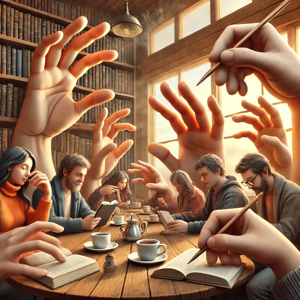 Ein typischer KI-Fail. Mehrere Menschen sitzen an einem großen Tisch, im Hintergrund eine riesige Schrankwand mit Büchern. Es schweben Hände im Raum herum und es sind Arme zu sehen, die niemandem zu gehören scheinen. Dazu sehen einige Finger etwas unpassend aus.