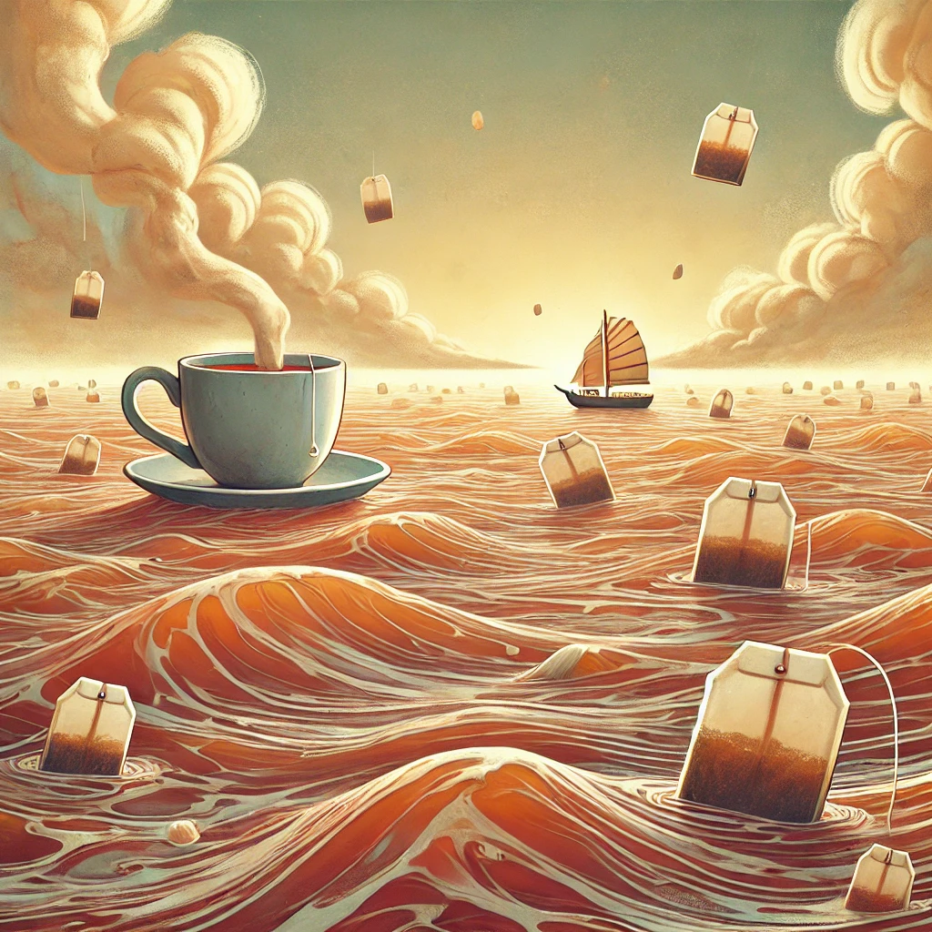 Ozean aus Tee, auf welchem eine dampfende Teetasse, ein Schiff und viele Teebeutel treiben. Am Horizont steigt Dampf auf.