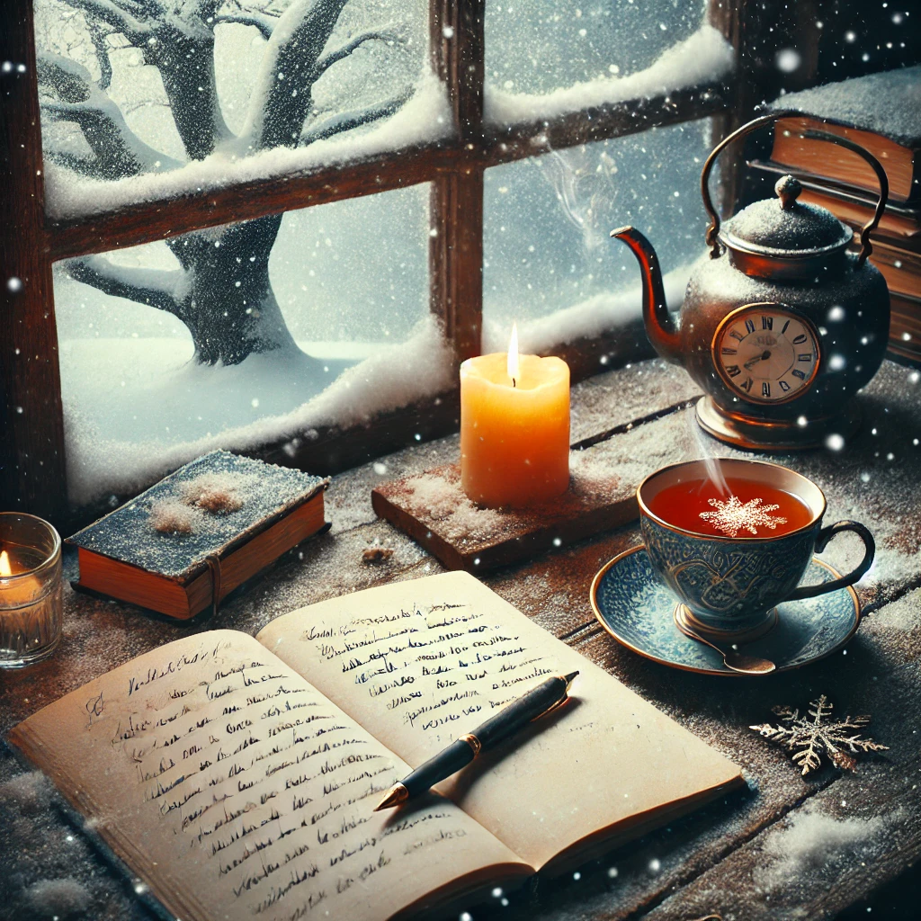 Ein Schreibtisch vor einem Fenster. Hinter dem Fenster ist eine verschneite Landschaft mit einem großen, knorrigen Baum zu sehen. Auf dem Schreibtisch liegen verschiedene Dinge, Wie Bücher, Kerzen, Teetasse und Teekanne, ein Notizbuch mit Stift. Aber auf dem Schreibtisch liegt auch Schnee und Schneesterne und die Teekanne ist mit einem Ziffernblatt verziert.