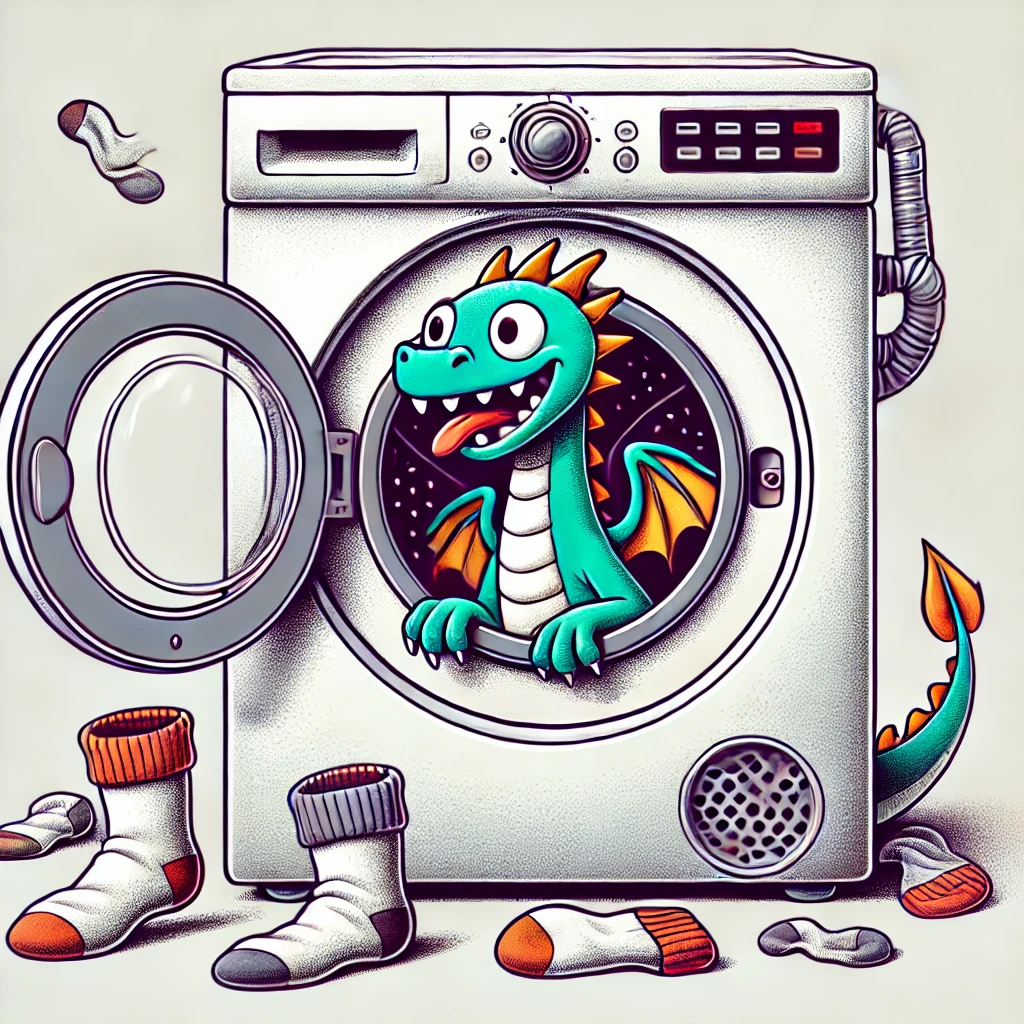 Aus dem Bullauge der Waschmaschine schaut ein Drache heraus. Um die Waschmaschine herum liegen viele Socken.