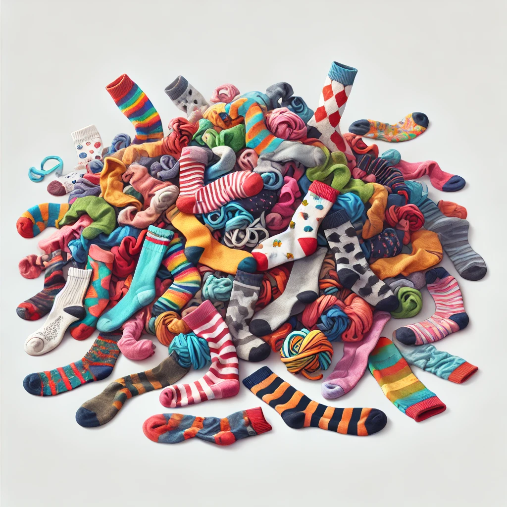 Ein riesiger Haufen voller unterschiedlicher bunter Socken. Keine Socke gleicht der anderen.