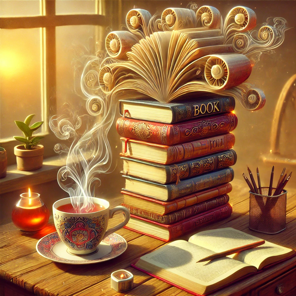 Bild von einem Tisch vor einem Fenster. Auf dem Fensterbrett steht ein Kaktus. Auf dem Tisch liegt ein Stapel Bücher, zuoberst ein Buch dessen Seiten in Dampfturbinen münden, eine dampfende Tasse Tee, zwei Kerzen, ein aufgeschlagenes Buch mit einem Stift darauf und ein Stiftbehälter mit Stiften darin. Der Raum ist in eine goldenes Licht wie bei einem Sonnenuntergang getaucht.