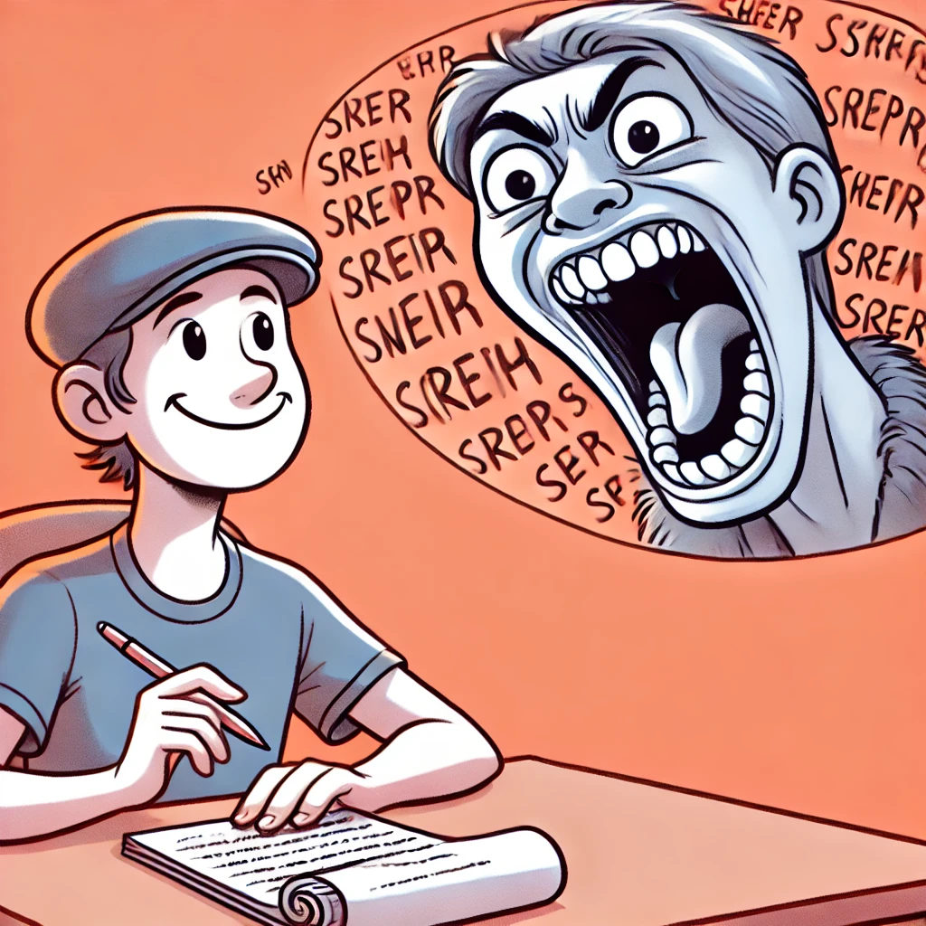 Der Autor sitzt am Tisch mit einem Text vor sich und lächelt. In seiner Gedankenblase sieht man sein brüllendes Gesicht.