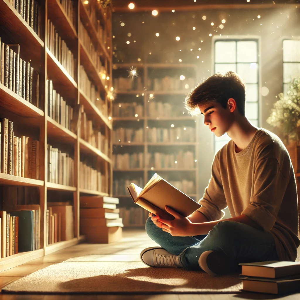 Ein männlicher Teenager sitzt in einer Bibliothek im Schneidersitz auf einem Teppich vor einem Bücherregal und liest ein Buch. Viele goldene Lichtkugeln steigen aus dem Buch auf.
