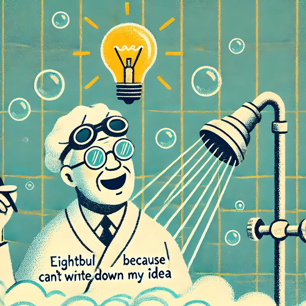 Ein Mann steht (vollständig bekleidet) unter der Dusche und er hat gerade eine zündende Idee für sein Projekt. 