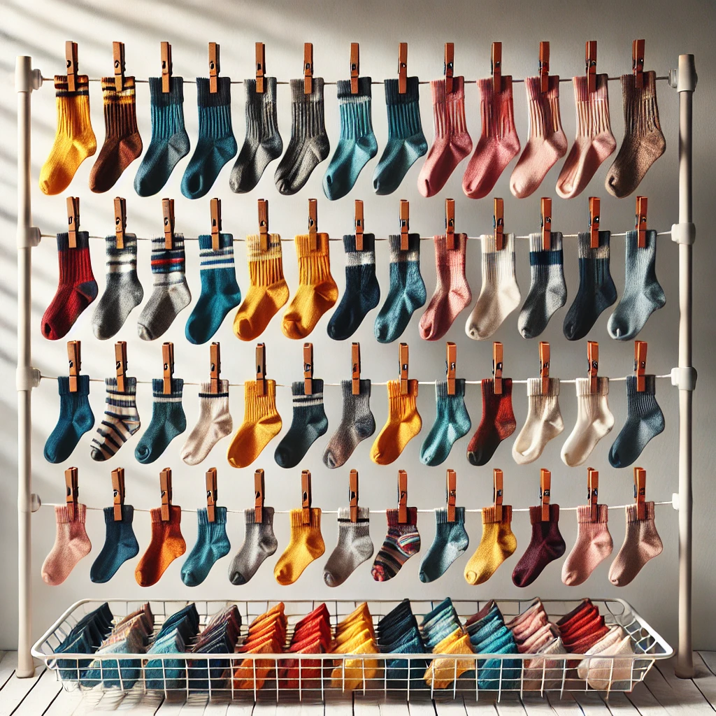 Ein Wäscheständer vollgepackt mit Socken.