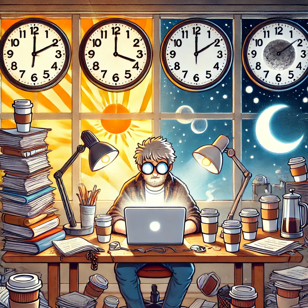 Ein Autor sitzt an seinem Schreibtisch und schreibt. Um ihn herum stehen viele Kaffeebecher und Bücherstapel. Verschiedene Uhren zeigen unterschiedliche Uhrzeiten. In der linken hälfte des Fensters ist es taghell, auf der rechten Seite sieht man Dunkelheit, Mond und Sterne.